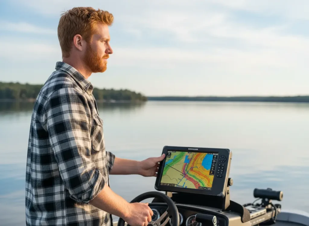 A male angler at the helm of his boat, proactively planning his fishing strategy by studying the depth contours on his fish finder screen.