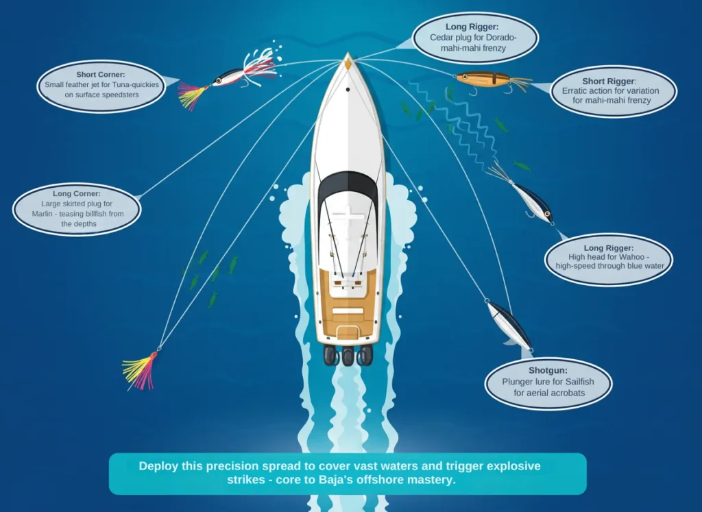 Top-down infographic diagram of a sportfishing boat illustrating the professional trolling spread with five key lure positions: short corner, long corner, short rigger, long rigger, and shotgun, each labeled with descriptions and recommended lures for targeting species like tuna and marlin in Baja waters.
