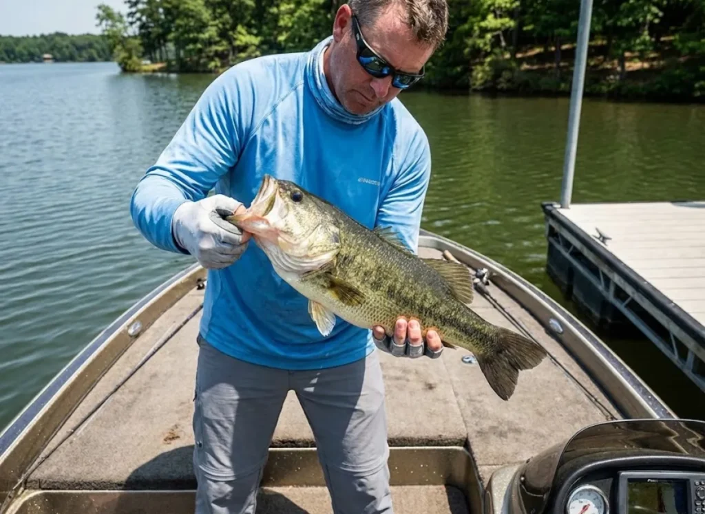 Angler holding a large bass horizontally with two hands, supporting the belly to protect the jaw.