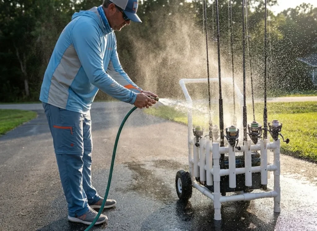 An angler using a hose to wash down saltwater fishing gear stored in a custom mobile PVC rod rack on a driveway.