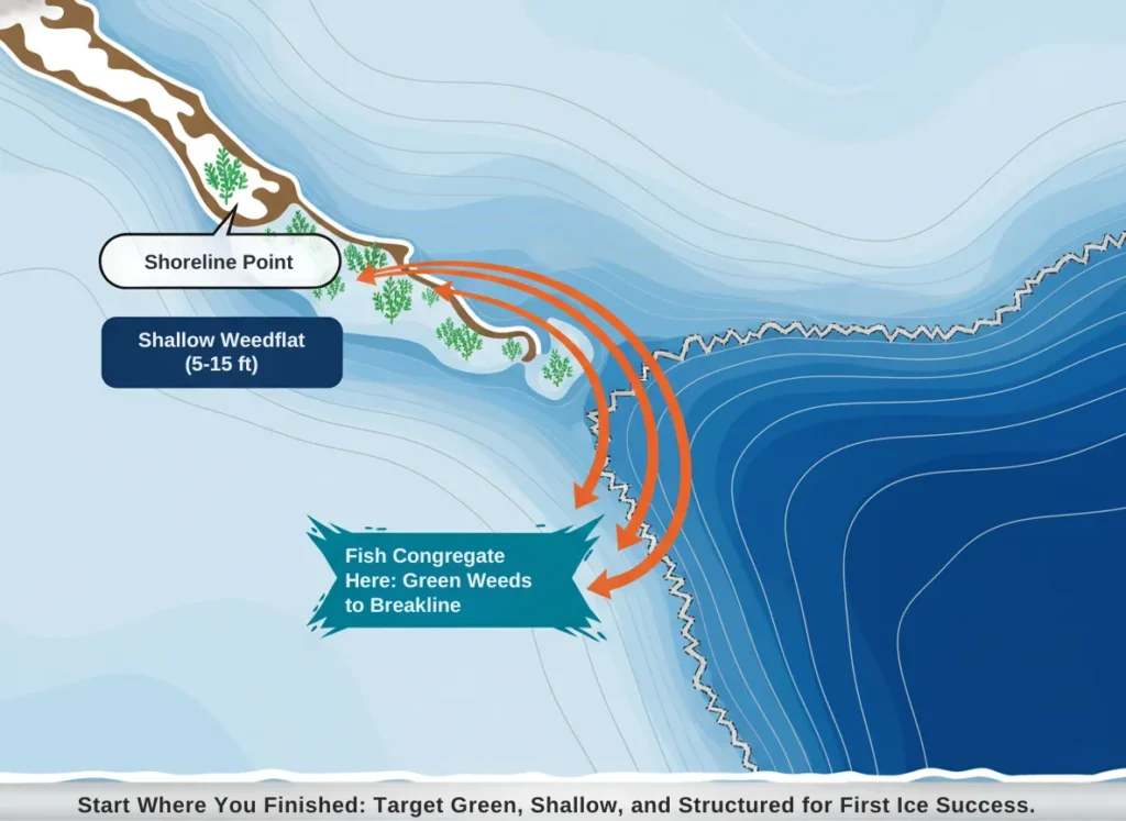A dynamic overhead infographic diagram of first ice fishing strategies in a modern explainer cartoon style, depicting a frozen lake shoreline with a protruding point, lush green weed icons on shallow flats, the initial breakline to deeper water, and sweeping arrows highlighting prime fish congregation zones, with annotated callouts evoking strategic angling precision.
