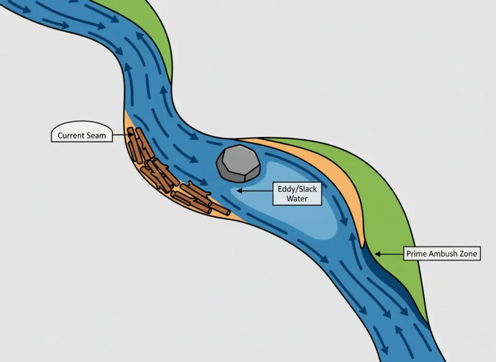 Top-down annotated diagram illustrating key features in a river bend for smallmouth bass habitat, including current flow, slack water eddies, and ambush zones in a minimalist vector style.