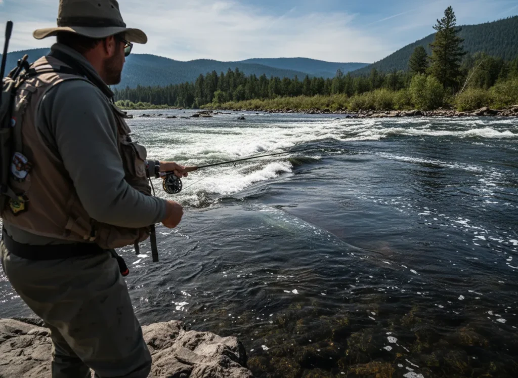 Angler looking out over a river, identifying a calm seam between fast currents.