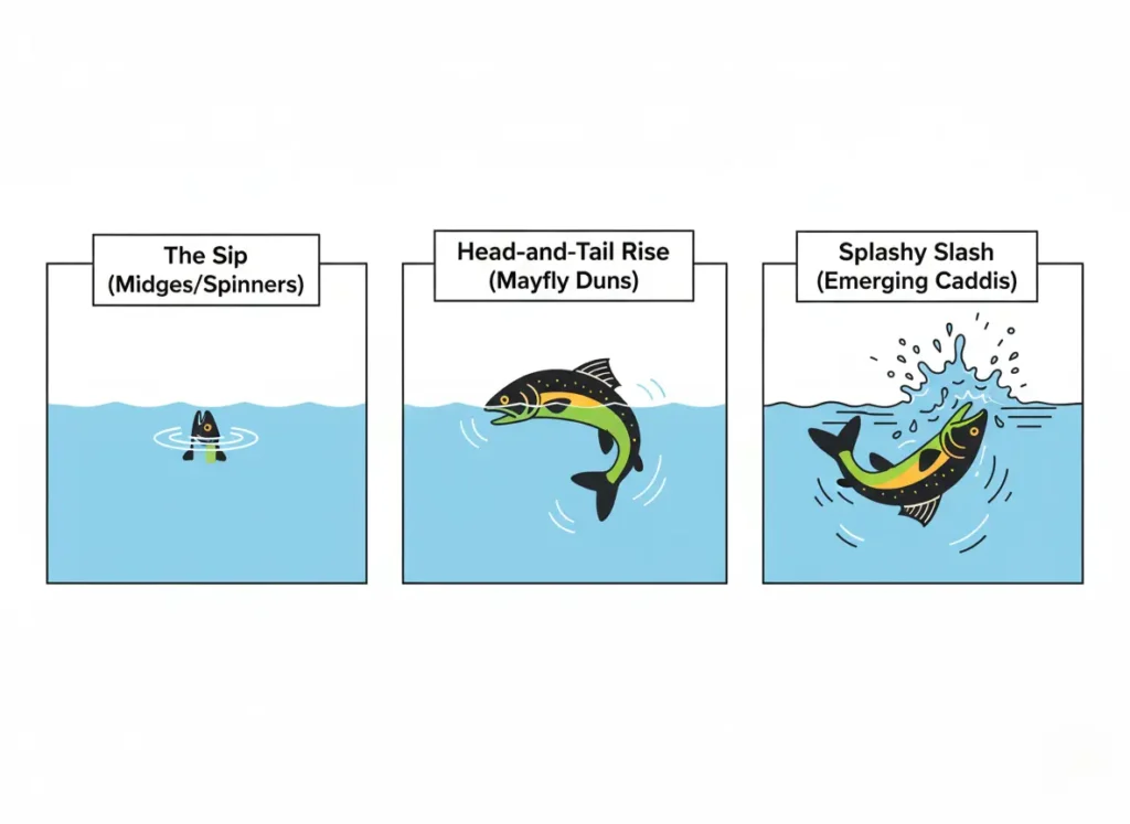 A 3-panel diagram illustrating different trout rise forms: the subtle sip for midges, the head-and-tail rise for mayfly duns, and the splashy slash for emerging caddis.