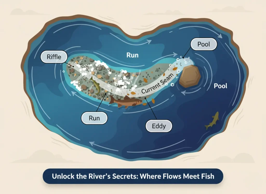 Master Fishing Magazine reading the river infographic key water structures fish habitats