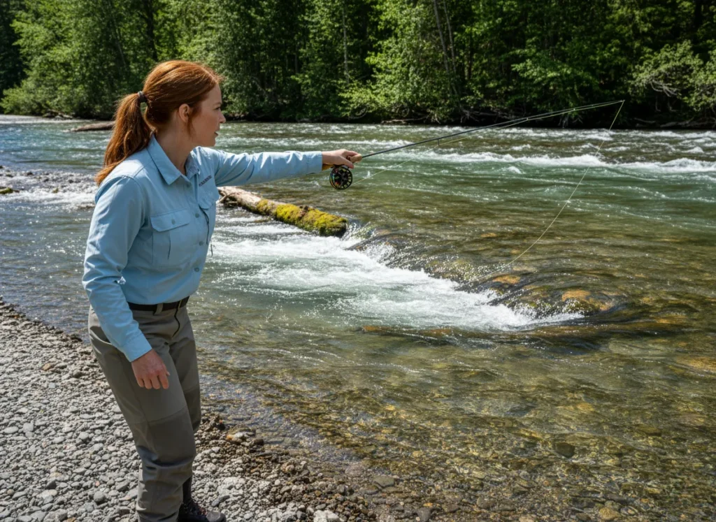 A focused female angler stands on a riverbank, pointing with her fishing rod to identify fish-holding locations in the current.
