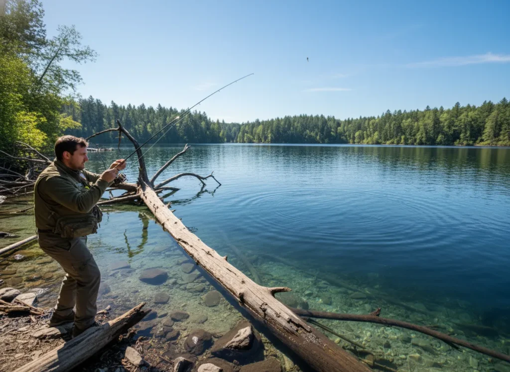 An angler casting a lure toward a fallen tree near a drop-off in the lake.