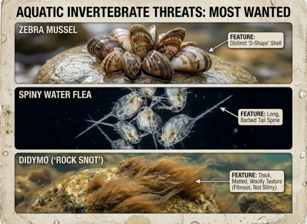 A photorealistic scientific identification chart titled "AQUATIC INVERTEBRATE THREATS: MOST WANTED." The grid features three high-resolution macro photographs: a cluster of Zebra Mussels with a callout for their "D-Shape," a microscopic view of Spiny Water Fleas highlighting their "Barbed Tail Spine," and a submerged rock covered in Didymo algae noting its "Matted, Woolly Texture."