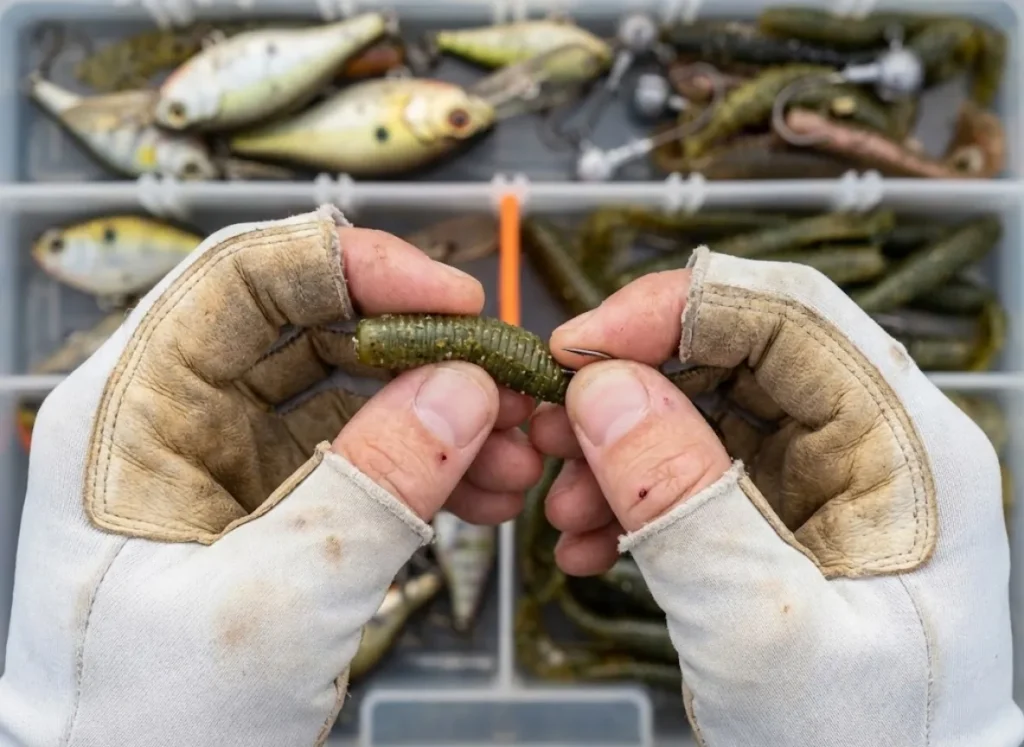 Close up of angler's hands rigging a green pumpkin tube jig for smallmouth bass.
