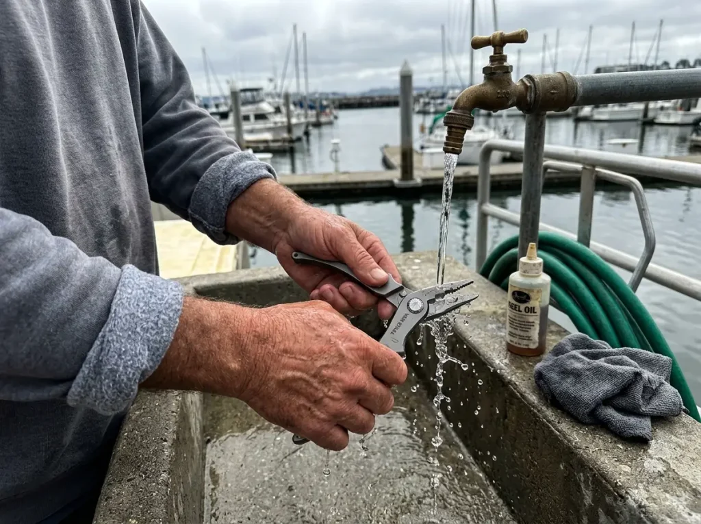 Rinsing and oiling fishing pliers at a dock spigot, the maintenance habit that keeps tools from rusting