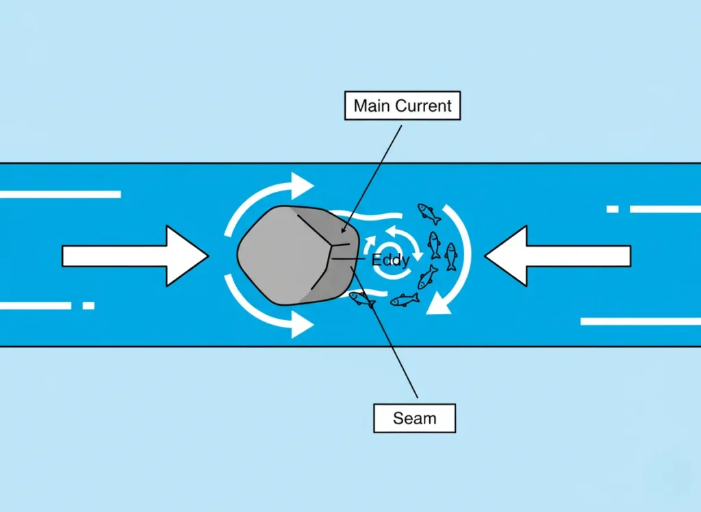A top-down diagram of a current break in a river. It shows the main current flowing around a large boulder, creating a calm eddy behind it. The seam between the fast and slow water is labeled, with fish positioned in the eddy along the seam.