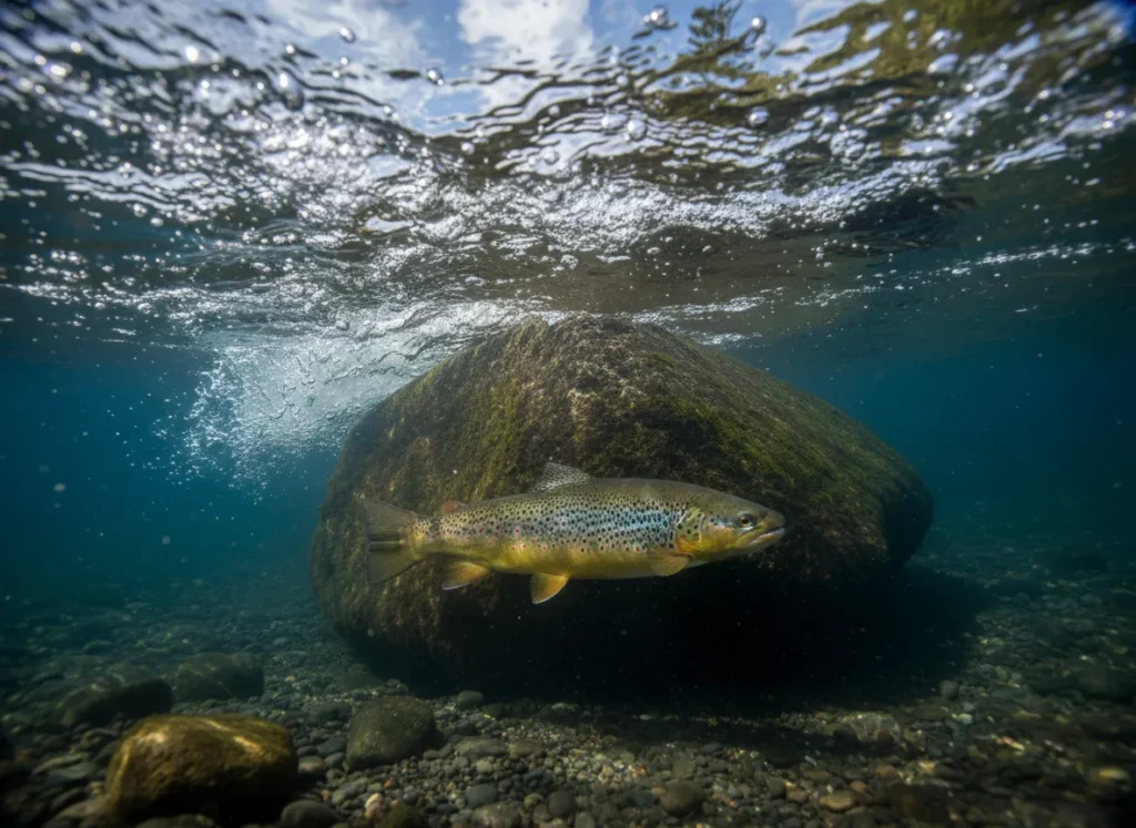 Split-level underwater view showing turbulent white water on the surface and a calm pocket of water behind a rock on the riverbed.
