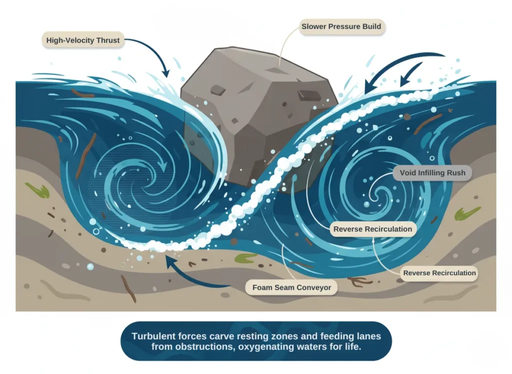 A dynamic infographic diagram depicting the hydrodynamic forces shaping a river eddy around a submerged boulder, featuring upstream slower-water cushion, downstream void with reverse currents, foam-lined boundary seam, and labeled flow zones in a vibrant, educational vector style.