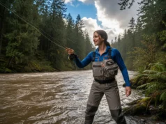 River Fishing After Rain: A Pro Angler’s Blueprint A beautiful angler in waders casting her line into a swollen river after a rainstorm.