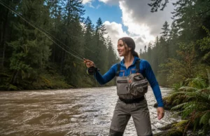 River Fishing After Rain: A Pro Angler’s Blueprint A beautiful angler in waders casting her line into a swollen river after a rainstorm.