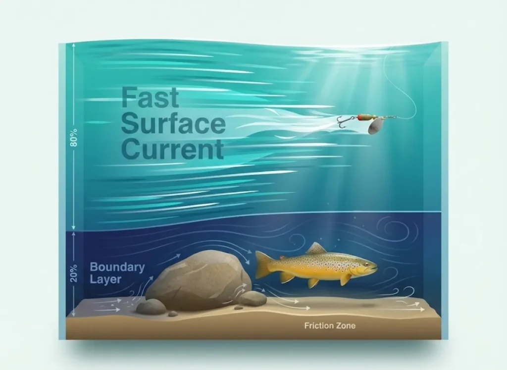 A split-level cross-section diagram of a river showing the physics of water flow. The top layer shows fast, turbulent current, while the bottom layer depicts the calm "Boundary Layer" where a trout rests behind a rock.