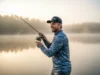 Rod Power vs Action Decoded: A Complete Gear Analysis A man in his early 30s wearing a performance fishing shirt casts his line on a tranquil lake during a golden sunrise.