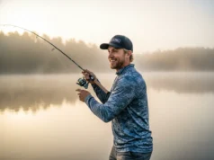 Rod Power vs Action Decoded: A Complete Gear Analysis A man in his early 30s wearing a performance fishing shirt casts his line on a tranquil lake during a golden sunrise.