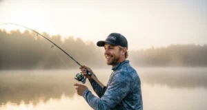 Rod Power vs Action Decoded: A Complete Gear Analysis A man in his early 30s wearing a performance fishing shirt casts his line on a tranquil lake during a golden sunrise.