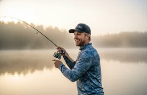Rod Power vs Action Decoded: A Complete Gear Analysis A man in his early 30s wearing a performance fishing shirt casts his line on a tranquil lake during a golden sunrise.