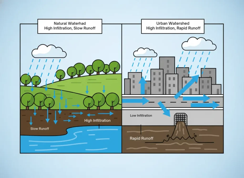 An infographic comparing runoff in a natural versus an urban watershed. The left panel shows high infiltration in a forest, leading to slow runoff. The right panel shows low infiltration in a city, leading to rapid runoff into a storm drain.