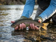 How to Hold a Fish: The Safety & Survival Matrix Close-up of an angler's wet hands gently releasing a trout back into a clear river current.
