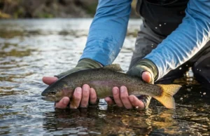 How to Hold a Fish: The Safety & Survival Matrix Close-up of an angler's wet hands gently releasing a trout back into a clear river current.