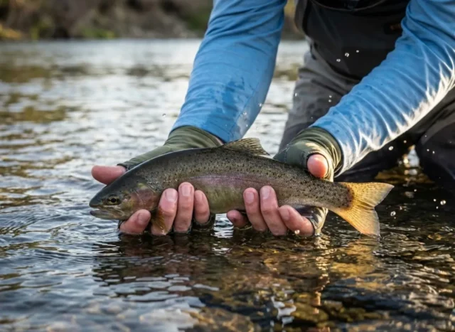 safe-fish-handling-release Close-up of an angler's wet hands gently releasing a trout back into a clear river current.
