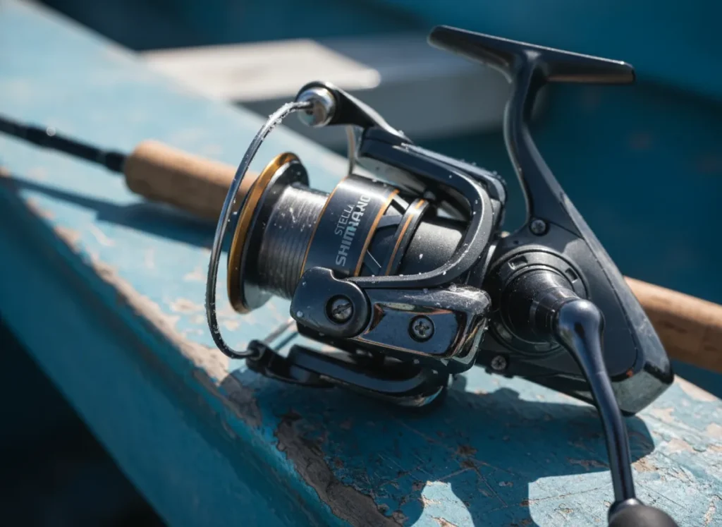 Close up of a saltwater spinning reel covered in dried salt spray resting on a boat bench.