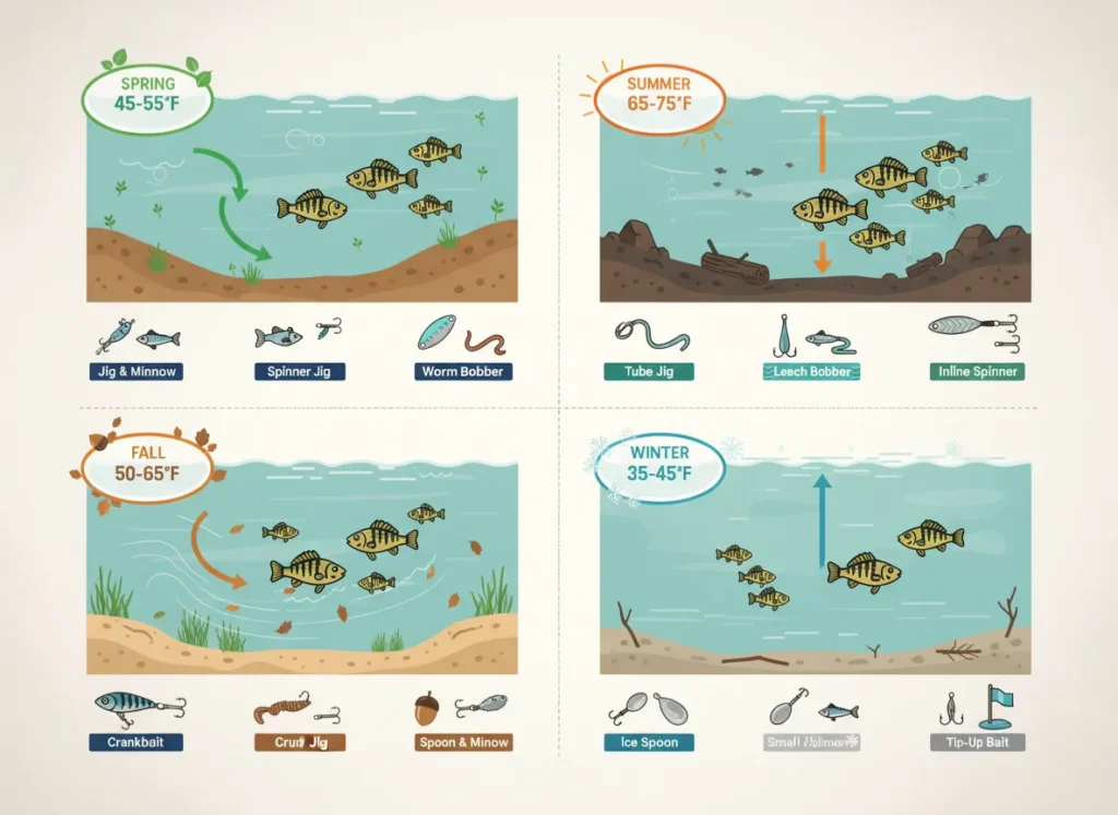 A vibrant 2x2 infographic illustrating the seasonal cycle of yellow perch fishing, with quadrants for Spring, Summer, Fall, and Winter, each featuring water temperature ranges, lake cross-section diagrams showing perch depths, and icons for top lures in a dynamic, educational cartoon style.
