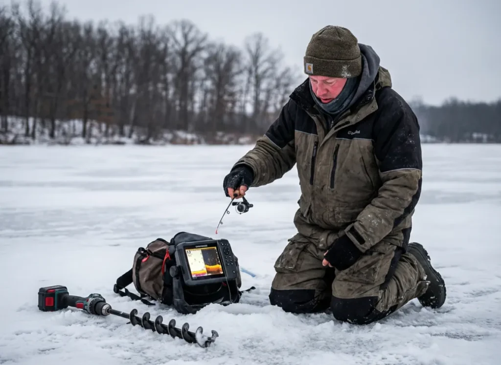 An angler kneeling on the ice, aggressively jigging a fishing rod while watching a sonar screen.