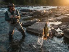 Smallmouth Bass Facts: Biology, Habitat & Tactics Angler fighting a jumping smallmouth bass in a rocky river with water splashing.