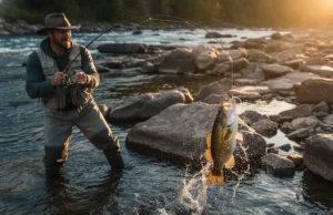 Smallmouth Bass Facts: Biology, Habitat & Tactics Angler fighting a jumping smallmouth bass in a rocky river with water splashing.