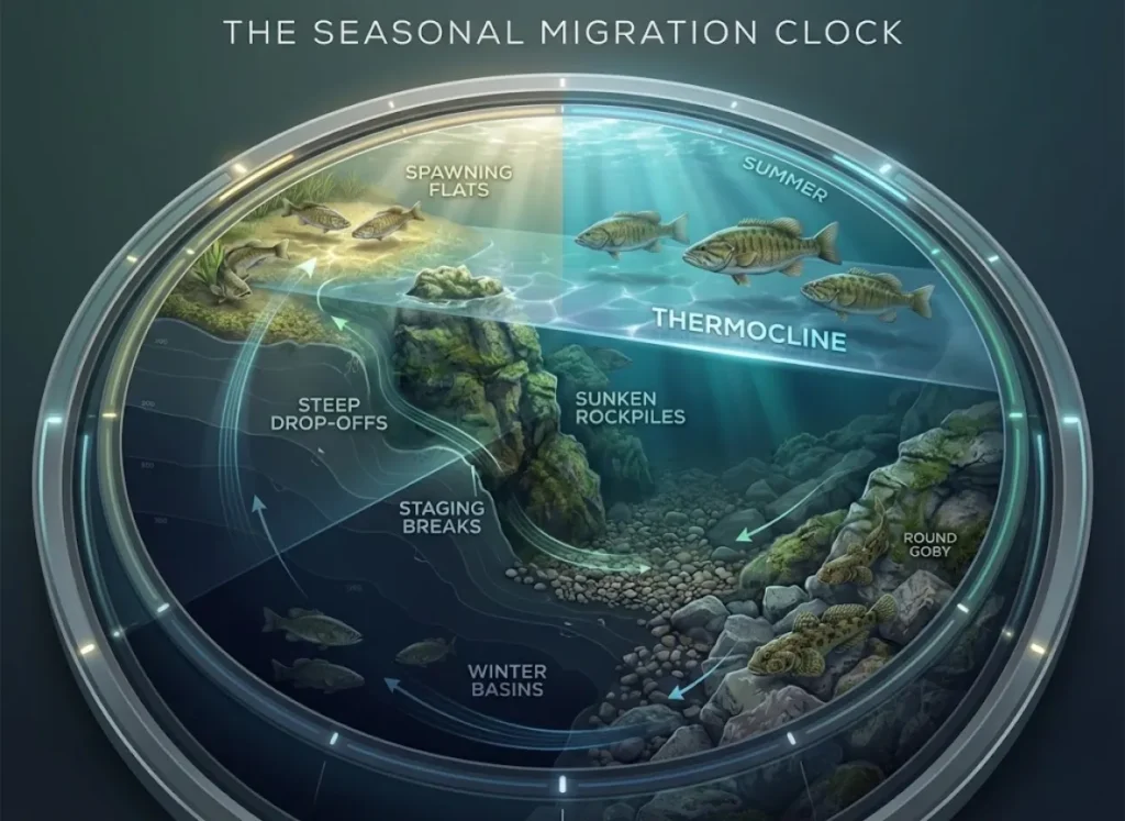 A sophisticated 3D circular infographic titled "The Seasonal Migration Clock" illustrating the relationship between lake stratification, water temperature, and smallmouth bass depth. The diagram visualizes the thermocline layer, underwater rock structures, and the seasonal movement of fish from deep winter basins to shallow spawning flats.