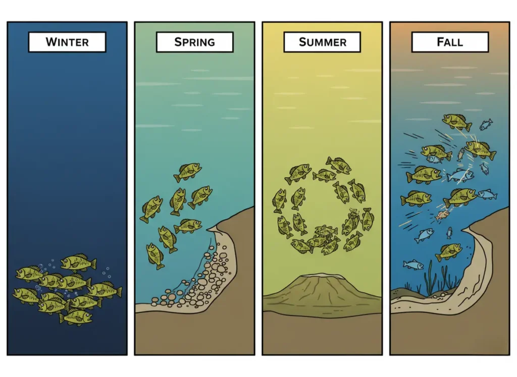 An infographic showing the seasonal migration of smallmouth bass. It has four panels: Winter, showing fish in the deep basin; Spring, showing fish moving to shallow flats; Summer, with fish on deep offshore humps; and Fall, showing fish on main-lake points.