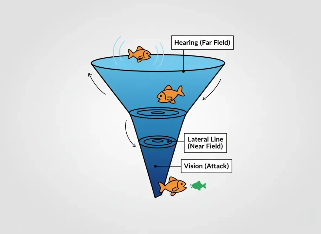 Funnel-shaped infographic visualizing the hierarchical sensory hunting process of smallmouth bass, from distant detection to precise attack, in a minimalist vector illustration style.
