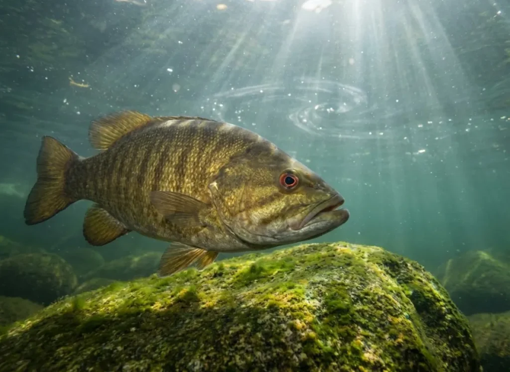 Underwater view of a smallmouth bass hovering near a large rock in clear water.