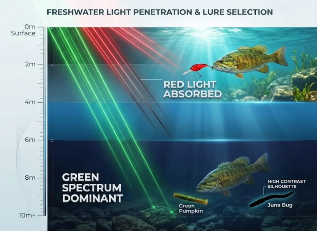 A vertical underwater cross-section infographic illustrating light absorption at various depths. The image shows red light fading near the surface while green light penetrates deep. It features Smallmouth Bass interacting with lures: a red crankbait near the surface, a Green Pumpkin tube bait in the mid-column, and a purple June Bug lure appearing as a silhouette in the deep dark water.