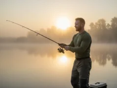 Smart Budget Fishing Gear: A Field-Tested Buyer’s Guide A man in his 30s smiles while casting a fishing rod on a misty lake at sunrise, representing smart budget fishing.