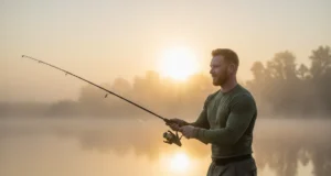 Smart Budget Fishing Gear: A Field-Tested Buyer’s Guide A man in his 30s smiles while casting a fishing rod on a misty lake at sunrise, representing smart budget fishing.