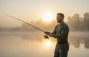 Smart Budget Fishing Gear: A Field-Tested Buyer’s Guide A man in his 30s smiles while casting a fishing rod on a misty lake at sunrise, representing smart budget fishing.