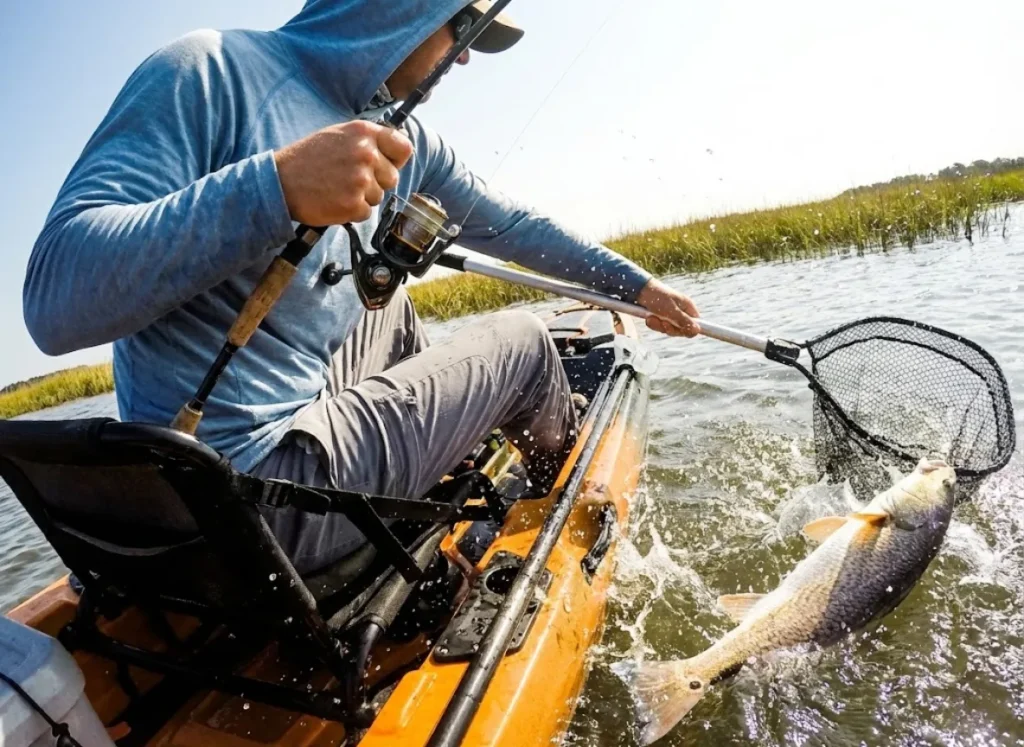 Solo angler in a kayak attempting to net a splashing fish while managing the rod alone.
