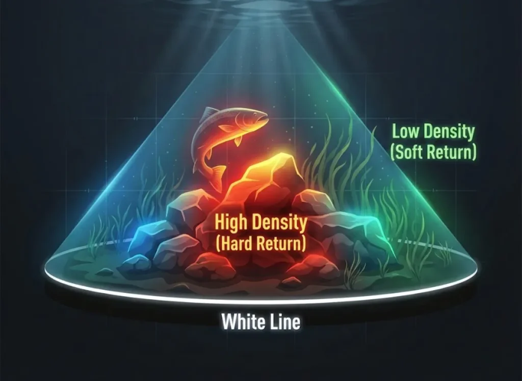 A high-definition semantic infographic illustrating 2D sonar readings. It visualizes an underwater cross-section where hard objects like rocks glow in red and yellow (high density), and soft vegetation appears in blue and green (low density), set against a dark, high-tech interface background.