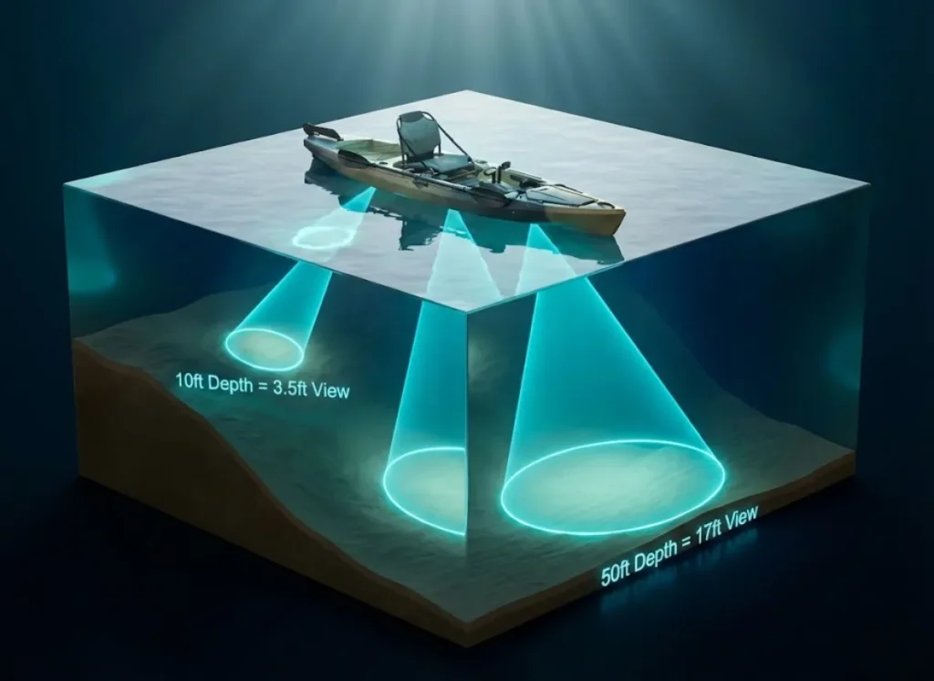 A 3D cross-section infographic showing a kayak on water emitting a sonar cone. It compares a narrow beam coverage at 10 feet deep versus a wide beam coverage at 50 feet deep, illustrating the expansion of the cone.
