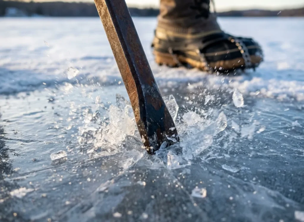 Close-up of a spud bar chipping into clear ice, sending shards flying, to test thickness.