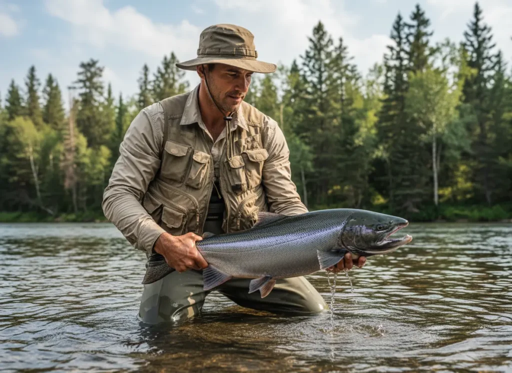 A handsome, muscular man carefully reviving a large Chinook salmon in the river before releasing it.