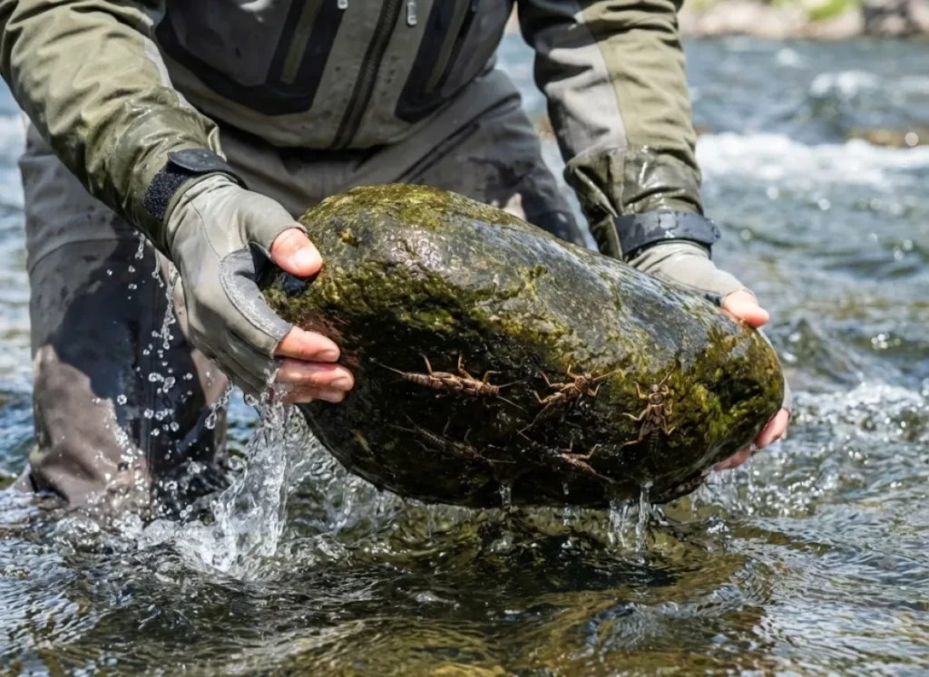 Angler turning over a river rock to reveal large stonefly nymphs clinging to the underside.