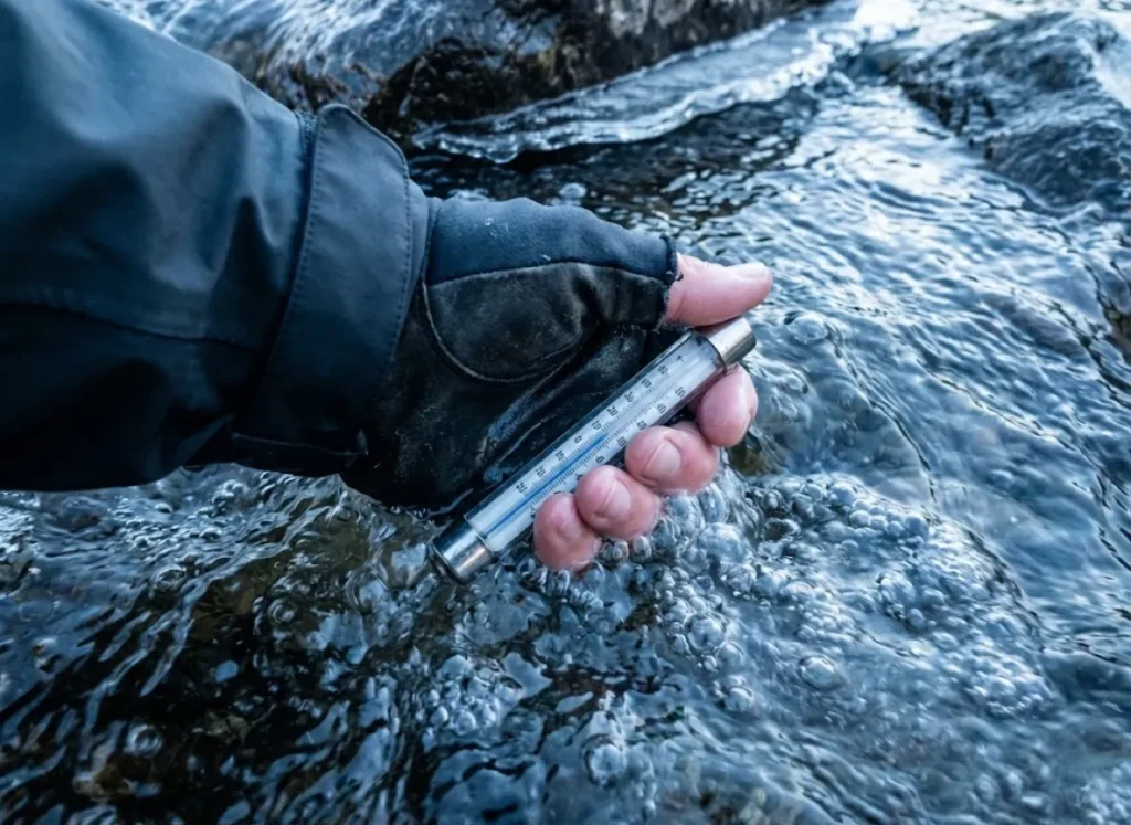 A close-up of an angler's hand holding a fishing thermometer in cold, rushing river water