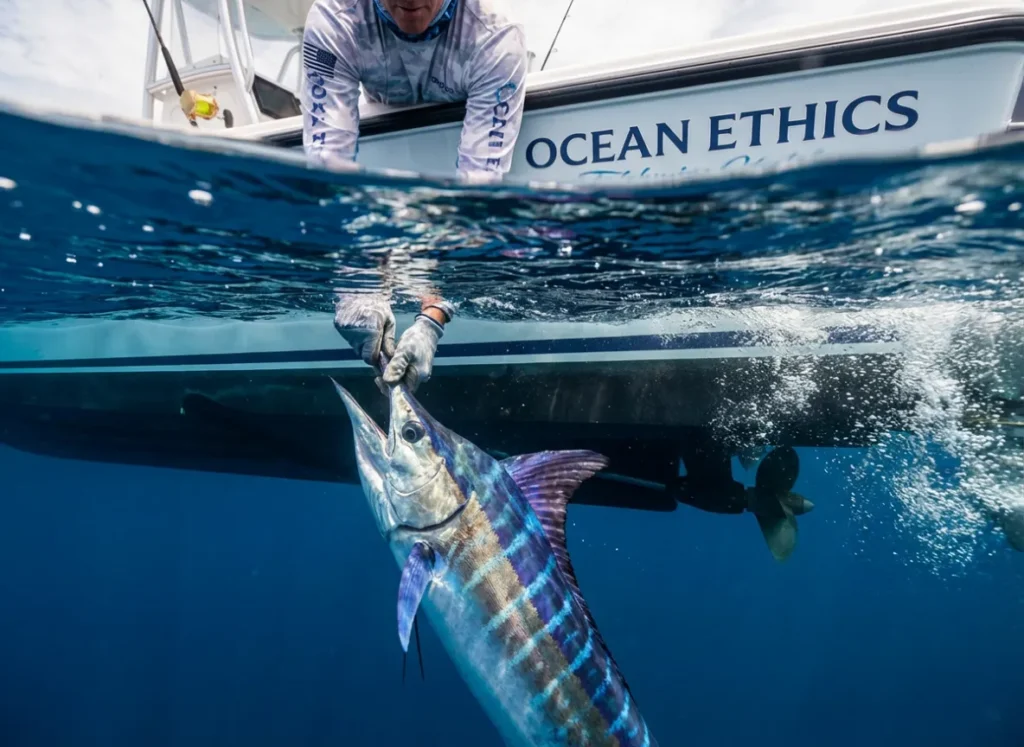 Angler reviving and releasing a striped marlin alongside a fishing boat.