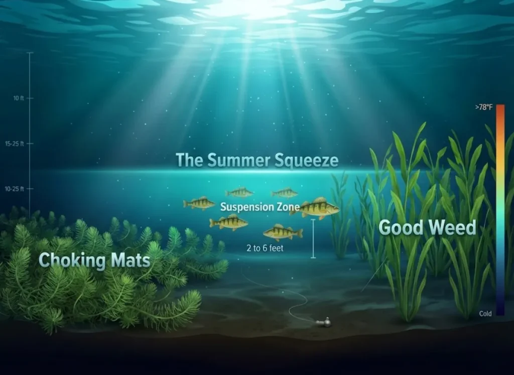 A detailed underwater cross-section diagram showing Yellow Perch habitat during summer. The image illustrates the "Thermal/Oxygen Squeeze," contrasting dense Milfoil mats with open Broadleaf Cabbage, and depicts perch exhibiting suspension behavior above the thermocline relative to bottom-hugging jigs.